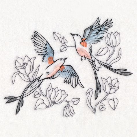 Sweetheart Scissor-Tailed Flycatchers in Watercolor design (M17267) from www.Emblibrary.com Scissor Tailed Flycatcher, Library Embroidery, Flycatchers, Cedar Waxwing, Silhouette Tattoos, Tattoo Outline, Swallows, Embroidery Library, Birds Tattoo