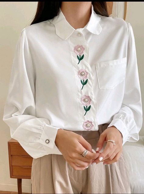 Floral Shirt Women Outfit, Embroidery Long Sleeve Shirt, Embroidery On Shirt Women, Women Collared Shirt Outfits, White Floral Shirt Outfit, Embroidery On White Shirt, Embroidery Shirts For Women, Embroidered Shirts For Women, Embroidery Tops For Women