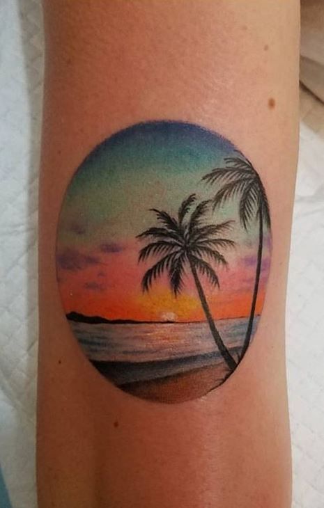 Colorful Sunset Tattoo, Be Achy Tattoos, Colorful Beach Tattoo, Small Sunset Tattoo Color, Palm Tree Beach Tattoos, Palm Tree With Sun Tattoo, Sunset Tattoo Color, Sunset Beach Tattoo, Beach Sunset Tattoo