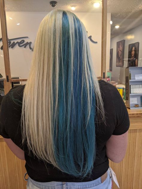 Hair by our stylist Alicen, half blonde, half blue! #halfandhalfhair #halfblue #halfblonde #bluehair #elumenplay Bottom Half Blue Hair, Half Blonde Half Blue Hair, Half Brown Half Blue Hair, Blonde And Blue Split Dye, Half Black Half Blue Hair Split, Half Light Blue Half Dark Blue Hair, Blinde Hair, Blonde And Blue Hair, Half And Half Hair