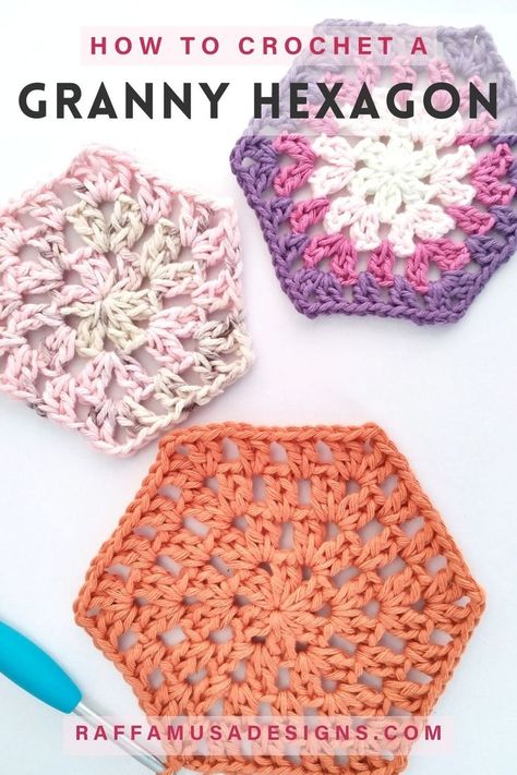 Three crochet granny hexagons made in different yarn colors Crochet Granny Square Free Pattern, Flower Design Ideas, Granny Square Free Pattern, Crochet Coaster Patterns, Hexagon Crochet Pattern, Granny Hexagon, Coaster Patterns, Home Vibes, Granny Square Crochet Patterns Free