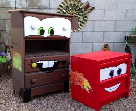 refinished dresser and night table Disney Car Bedroom Ideas, Lightning Mcqueen Nursery, Lighting Mcqueen Room, Lightning Mcqueen Room Ideas, Cars Themed Room, Lightning Mcqueen Room, Cars Bedroom Ideas, Disney Cars Bedroom Decor, Lightning Mcqueen Bedroom