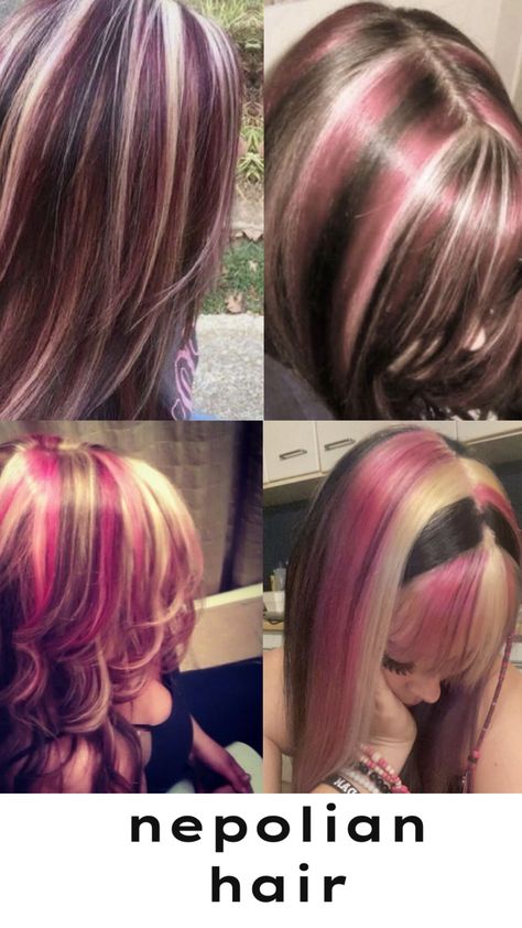 Ombre Hair Designs, Pink Blonde Highlights In Brown Hair, Pink Blond And Brown Hair, Blonde Pink Brown Hair, Blonde Hair With Pink And Black Streaks, Dyed Blonde Hair Ideas, Brown Blonde And Black Hair, Blonde Brown And Pink Hair, Dirty Blonde Pink Highlights