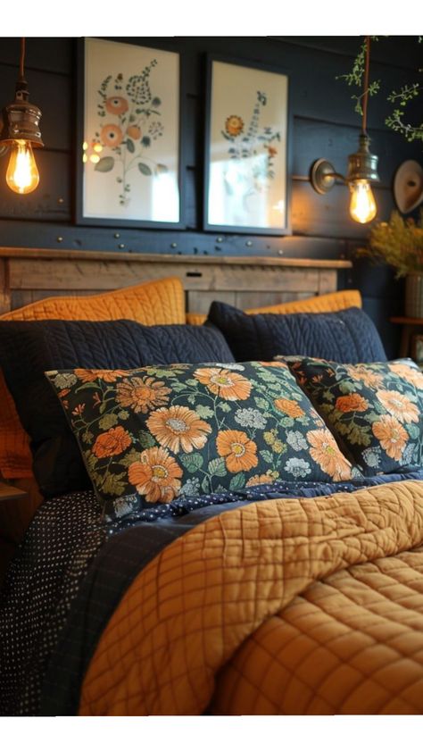 Bedroom Moody, Baddie Apartment, Apartment Bedroom Ideas, Dark Blue Bedrooms, Vintage Bedroom Ideas, Decor Ideas For Living Room, Bedroom Ideas Inspiration, Bedroom Orange, Cozy Home Decor