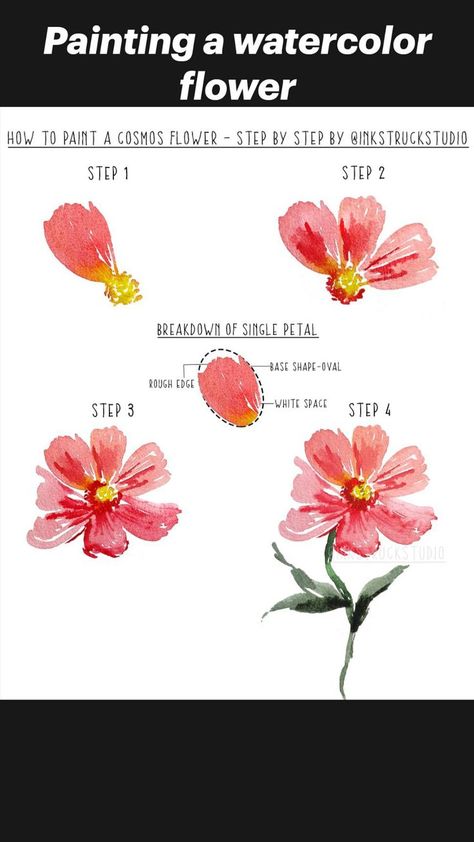 Pin on Art-Watercolor Pencils Watercolor Worksheet, Watercolor Cosmos, Acrylic Flower Painting, Painting Flowers Tutorial, Learn Watercolor Painting, Seni Pastel, Flower Drawing Tutorials, Watercolor Flowers Tutorial, Learn Watercolor