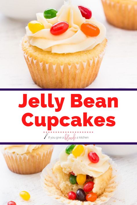 Jelly bean cupcakes are simple vanilla cupcakes decorated with jelly beans inside and out. They are the perfect Easter dessert! Jelly Bean Cupcakes, Easter Jelly Beans, Ideas Cupcakes, Fun Cupcake Recipes, Cupcakes Ideas, Easter Desserts Recipes, Salty Cake, Easy Cupcakes, Easter Cupcakes