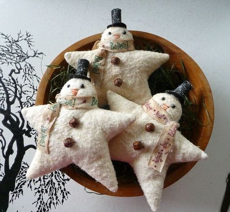 Star Snowman, Christmas Tree Idea, Primitive Snowman, Felt Christmas Ornaments, Primitive Christmas, Christmas Ornament Crafts, Felt Christmas, Homemade Christmas, Christmas Deco