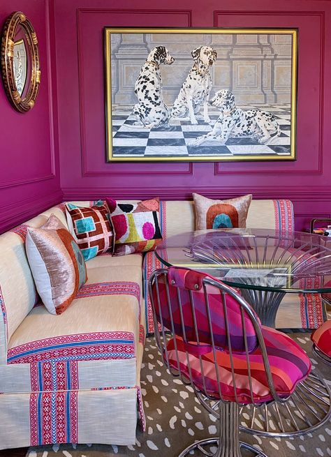 Jewel Tone Living Room, Pink Rooms, Sherwin Williams Colors, Dressing Rooms, Inspiring Spaces, Maximalism, Yellow Wallpaper, Vintage Table Lamp, Color Of The Year