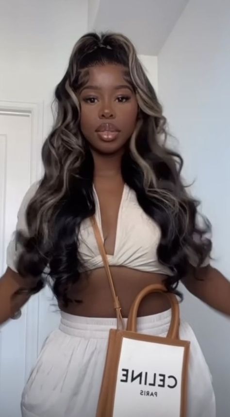 Jet Black Hair With Highlights Black Women, Half Up Half Down With Highlights, Birthday Hairstyles, Ash Blonde Hair, Frontal Hairstyles, Dope Hairstyles, Hair Ponytail Styles, Hair Laid, Hair Life