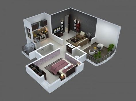 Storage space is at a minimum here but a laundry room and balcony mean its comfortable enough. Apartments Layout, One Room Houses, Small Studio Apartment Design, 1 Bedroom House Plans, One Bedroom House, 1 Bedroom House, 3d House Plans, 3d Floor Plan, Apartment Floor Plans