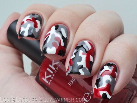 Red Camouflage Nails (via Bloglovin.com ) Red Camo Nails, Camo Nail Art, Camouflage Nails, Red Camouflage, Tiger Nails, Camo Nails, Fab Nails, Nails Love, Red Camo