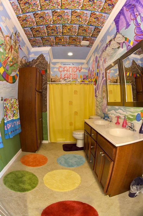 Candyland Bathroom-- odd that they left the wood of the suite untouched but covered the ceiling. Candy Bathroom, The Sweet Escape, Funky Bathroom, Bathroom Theme, Bold Bathroom, Cupcake Birthday Party, Housing Ideas, Themed Bathroom, Cupcake Birthday