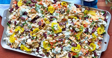 Get the recipe for Mediterranean-Style Nachos created by Jeanette Donnarumma for TODAY Food. It's the ultimate game day snack. Mediterranean Style Nachos, Green Appetizers, Falafel Mix, Ww Snacks, Shawarma Seasoning, Fancy Birthday, Cauliflowers, Delicious Salad Dressings, Homemade Tzatziki