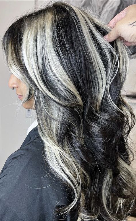 Highlights Styles Haircolor, Chunky White Highlights On Brown Hair, Black An Blonde Hair Color, Black Hair With Thick Blonde Highlights, Blonde Chunks On Dark Hair, Black And Gray Hair Underneath, Black Hair Blonde Chunky Highlights, Black Blonde Hair Highlights, Black With Blonde Chunks