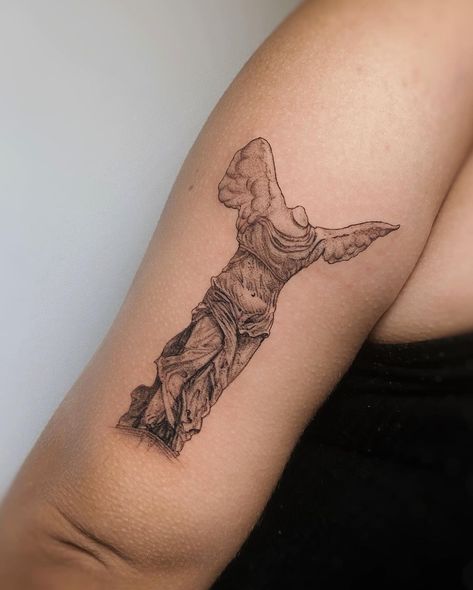 Nike Angel Tattoo, Winged Nike Tattoo, Nike Goddess Of Victory Tattoo, Goddess Of Victory Tattoo, Nike Goddess Tattoo, Nike Of Samothrace Tattoo, Winged Victory Of Samothrace Tattoo, Winged Victory Tattoo, Greek Sculpture Tattoo