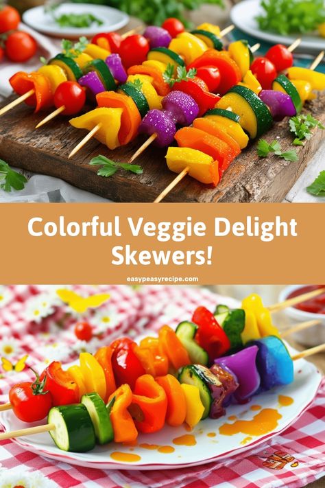 Colorful skewers of vibrant vegetables including peppers, tomatoes, and zucchini arranged on a wooden board and plate. Veggie Skewers Appetizers, Eat Rainbow, Veggie Appetizers, Kids Veggies, Easy Recipes For Kids, Vegetable Kabobs, Easy Zucchini Recipes, Skewer Appetizers, Vegetable Skewers