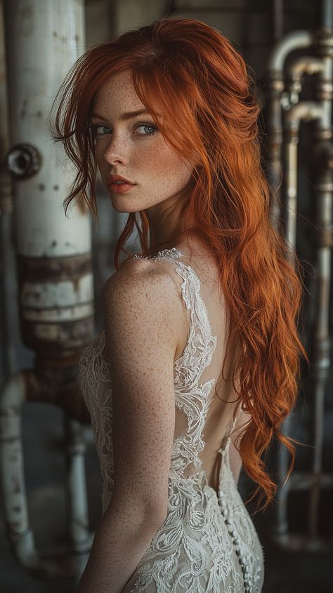 This enchanting bridal look is a blend of elegance and boldness. The bride's fiery red hair perfectly complements the intricate lace detailing of her gown, creating a vintage yet modern vibe. The soft industrial backdrop enhances the ethereal beauty of the moment. 🌿✨ #bride #wedding #style #redhead #lace #dreamy #vintage #modern #ethereal #romantic #industrial #weddinginspo Bride Makeup Redhead, Ginger Wedding Hair, Wedding Hair Redhead, Red Hair Wedding Hairstyles, Industrial Backdrop, Wedding Flower Crowns, Redhead Bride, Romantic Industrial, Ethereal Romantic