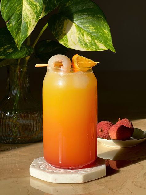 Lychee Sunrise Mocktail Lychee Mocktail, Sunrise Mocktail, Prawn Pad Thai, Lychee Juice, Dessert Pasta, Pad Thai Recipe, Full English Breakfast, 30 Minute Dinners, Product Shoot