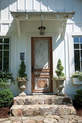 Cottage Magazine, Vintage French Cottage, Old Front Door, 1940s Bungalow, Cottage Entryway, Beautiful French Doors, Cottage Journal, Salvaged Furniture, Retreat House