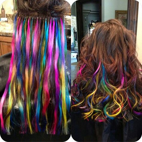 Vivid Hair Extensions, Rainbow Hair Highlights, Neon Hair Color, Pink Purple Hair, Vivid Hair, Rave Hair, Peekaboo Hair, Long Hair Tips, Neon Hair