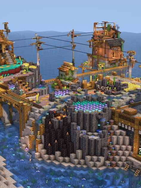 Shipwreck Minecraft Build, Minecraft Under Water Base, Minecraft Coastal Builds, Island Minecraft Ideas, Minecraft Sea Village, House On The Water Minecraft, Minecraft Beach Decor, Minecraft Cruise Ship, Minecraft Port Design