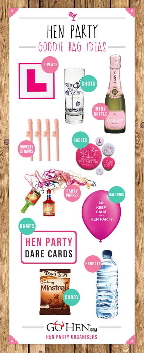 Head to GoHen for more great #henparty ideas!  .  .  .  #hendo #henweekend #hen #gohen #weekend #party #dare #games #dares #darecards #game #funny #fun #wedding #bride #bridesmaids #partyplanning #weddingplanning #henpartyplanning Hen Party Survival Kit, Hen Do Party Bags, Goodie Bag Ideas, Party Dares, Hen Night Ideas, Hen Party Favours, Hen Party Bags, Game Hen, Bridal Shower Gifts For Bride