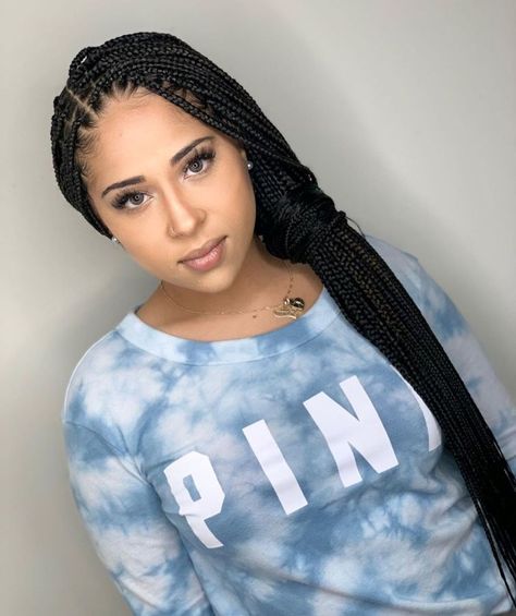 Side Ponytail for Single Box Braids Single Box Braids, Low Side Ponytail, Style Your Box Braids, Thick Box Braids, Purple Box Braids, Burgundy Box Braids, Red Box Braids, Black Box Braids, Braids With Shaved Sides