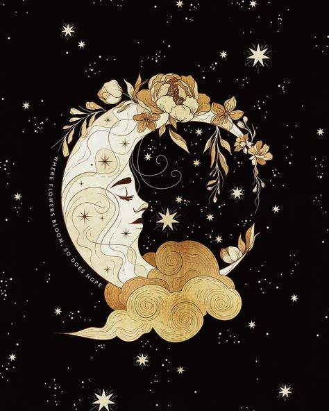 Moon With Flowers, Moon Flowers, Art Hippie, Flower Moon, Celestial Art, Art Et Illustration, Moon Flower, Hippie Art, Star Flower