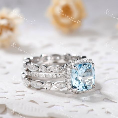 Aquamarine Ring Set White Gold Aquamarine Engagement Ring - Etsy Australia Aquamarine Engagement Ring White Gold, Vintage Aquamarine Ring, Aquamarine Wedding Ring, Aquamarine Ring Vintage, Engagement Ring Silver, Promise Rings Vintage, Silver Promise Rings, Aquamarine Engagement Ring, Aquamarine Jewelry