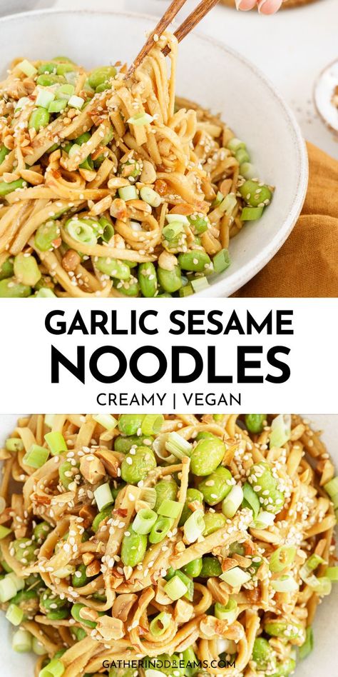 Garlic Sesame Noodles Creamy Vegan Noodles, Healthy Sesame Noodles, Dinner Recipes With Tahini, Food With Tahini, Creamy Sesame Sauce, Vegan Recipes Noodles, Uses For Tahini Sauce, Sesame Tahini Recipes, Recipes For Tahini Sauce