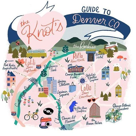 Bethany Robertson | loveless design | I am so honored to finally share my illustrated guide to Denver for the Fall 2019 national issue of The Knot! Thank you so much to AD @skeinthecity and author of the guide @kristenmax . Look out for the issue on stands soon! #theknotmagazine #denvercolorado #redrocks #denverbotanicalgardens #colorado #illustratedmap Mica Art, Colorado Aesthetic, Map Creator, Denver Art, Travel Sketchbook, Union Station, City Scene, Travel Illustration, Illustrated Map