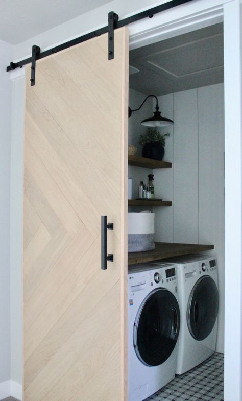 Sliding Door For Pantry, Small Space Laundry Room, Small Space Laundry, Door For Pantry, Laundry Combo, Laundry Doors, Farm Door, Bathroom Cupboard, Laundry Room Layouts