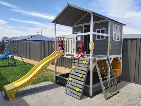 Kids Garden Play Area, Kids Garden Play, House With Slide, Kids Backyard Playground, Kids Forts, House Slide, Backyard Kids Play Area, Climbing Walls, Cubby House