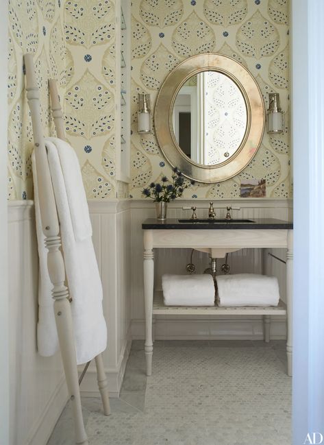 Lotus Wallpaper, French Country Bathroom, Suzanne Kasler, Country Bathroom, Subway Tiles, Elements Of Style, Young Family, Bathroom Wallpaper, Architectural Digest