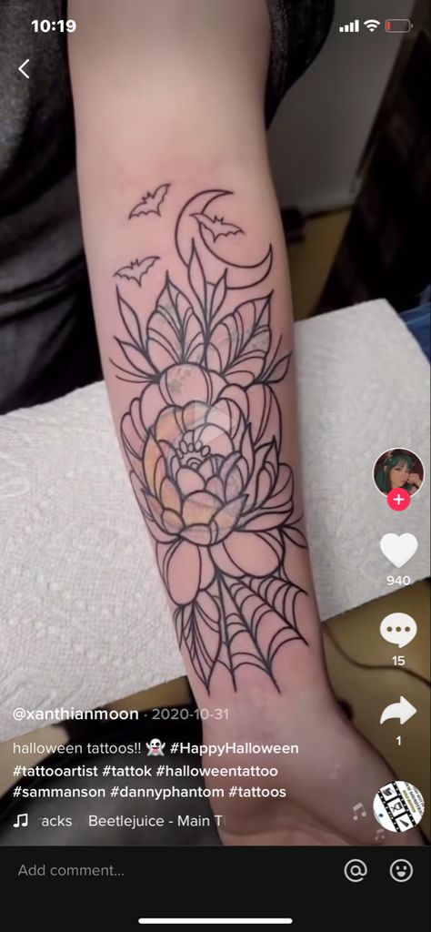 Halloween Tattoos With Flowers, Flower Halloween Tattoo, Spooky Rose Tattoo, Halloween Flowers Tattoo, Spooky Flowers Tattoo, Halloween Floral Tattoo, Floral Halloween Tattoo, Spooky Feminine Tattoos, Halloween Flower Tattoo