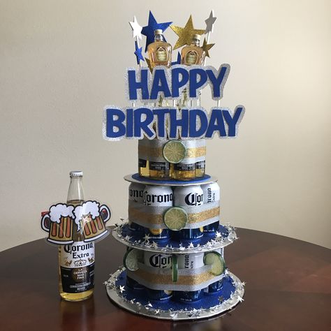 Handmade Beer Can Cake for the Man that loves his Corona's and Crown! This 3-tier beer can cake contains (2) 50ml Crown Royal small shots, (15) 12 ounce Corona Extra beer cans, (6) 7oz Corona Extra beer bottles & a bonus 24oz Corona Extra beer bottle with beer goggles. This Beer Can Cake was inspired by the men who LOVE cake, but only cake made of beer cans! Beer Can Cake, Beer Can Cakes, Money Birthday Cake, Birthday Beer Cake, Happy Birthday Beer, Cakes To Make, Cake In A Can, Birthday Cake For Him, Beer Cake