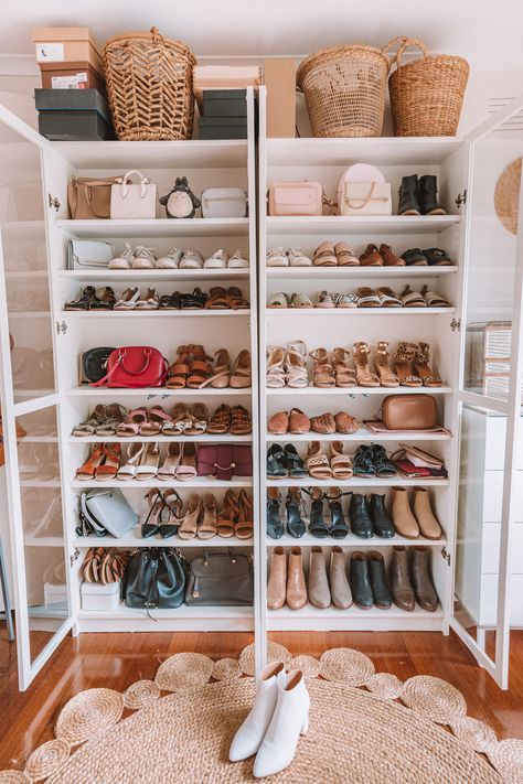 Shoe Storage Door, My Shoe Collection, Ikea Bookcase, Bookcase With Glass Doors, Shoe Rack Closet, Purse Storage, Flat Decor, Wardrobe Organisation, Ikea Billy Bookcase