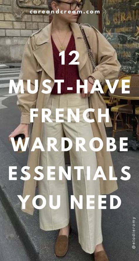 Discover the 12 French wardrobe essentials you need to nail that Parisian chic style! From wardrobe basics to staple clothing pieces, this French style guide will show you how to dress like a French woman. Elevate your closet with these must-have staples in French fashion! Classic Polished Style, How To Dress French Style, How To Dress Like A French Woman Over 50, How To Dress Like A Parisian Woman, Minimalistic Wardrobe Women, French Clothing Styles, French Style Over 50, French Fashion Winter, Basic Clothes Essentials