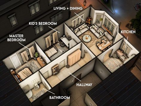 Sims 4 Floor Plans 1 Story, Sims 4 Apartment Remodel, Two Bedroom Sims House, The Sims 4 City Living, Sims 4apartment, Sims 4 Family Apartment Layout, Sims4 City Living Apartment, City Living Mods Sims 4, Sims 4 City Living Apartments Layout