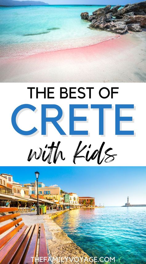 If you're looking for the best things to do in Crete with kids, CLICK HERE for all the details! You'll find out where to stay on Crete Greece, the best Crete Greece things to do with kids, how to get around Crete and more. Don't miss this detailed guide to Crete for kids, one of the biggest islands to visit in Greece with kids on a Greece family trip. Greece With Kids, Crete Island Greece, Greek Islands Vacation, Rethymno Crete, Europe Holiday, Visit Cyprus, Best Family Resorts, Greece Destinations, Islands To Visit