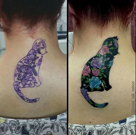 56 cat tattoos that will make you want to get inked: Simple cat tattoo with color Flower Cat Tattoo, Watercolor Cat Tattoo, Diy Tattoo Permanent, Cat Tattoo Simple, Cute Cat Tattoo, Flower Cat, Cat Tattoos, Cat Tattoo Designs, Tattoo Cover Up