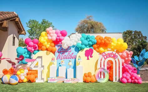 Kara's Party Ideas Malibu Barbie Birthday Party | Kara's Party Ideas Malibu Barbie Balloon Arch, Malibu Barbie Balloon Garland, Malibu Beach Party Theme, Malibu Barbie Beach Party, Malibu Barbie Cake Ideas, Barbie Garland, Barbie Beach Birthday Party, Malibu Barbie Cake, Barbie Malibu Birthday Party