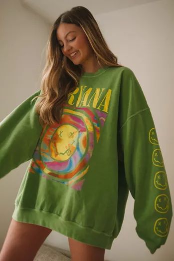 Style Vert, Letter Print Sweatshirt, Round Neck Sweaters, Cotton Pullover, Oversized Top, Long Sleeve Sweatshirt, Green Sweater, Print Pullover, Green Fashion