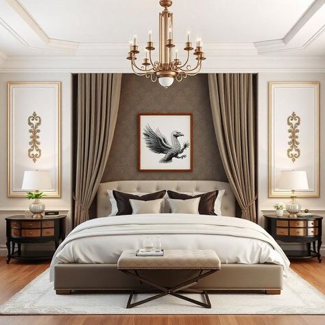 Wooden Nightstands, Ornate Chandelier, Matching Lamps, Brass Bedroom, Stylish Bedroom Ideas, Art Decor Ideas, Large Bed, Bird In Flight, Best Bedroom