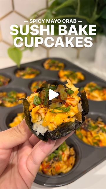 Mimi | Recipes, Travel, & Austin Food on Instagram: "Spicy crab sushi bake cupcakes! These are a fun take on sushi bake casseroles. It is creamy, decadent, & the cupcakes make it perfect for sharing! Save this recipe for your next potluck with friends or family meal!
 
🫶 IB: @torminell’s salmon sushi muffins
 
INGREDIENTS (12 cupcakes):
1/2 lb imitation crab, shredded & cut
1/4 cup japanese mayo
1/4 cup cream cheese
1 tbs sriracha
3 seaweed sheets (nori)
2 cups rice, cooked
drizzle japanese mayo
drizzle sriracha
drizzle eel sauce
sprinkle furikake
1 green onion, sliced
 
DIRECTIONS:
1. Mix crab, mayo, cream cheese, & sriracha.
2. Cut seaweed sheets into fourths.
3. In cupcake pan, layer seaweed, rice, crab mix, mayo, sriracha, eel sauce, & furikake.
4. Bake at 450°F for 10 mins, broil for Salmon Bake Sushi Recipes, Sushi Bake No Cream Cheese, Sushi Muffin Recipe, Sushi Bake Crab, Sushi Muffin, Shrimp Sushi Bake, Sushi Cups Recipe, Crab Sushi Bake, Sushi Muffins