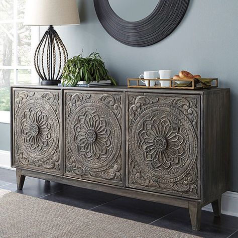 Signature Design by Ashley® Fair Ridge Console Table, Color: Dark Brown - JCPenney Anthropologie Furniture, Luxury Sideboard, Retro Sideboard, Storage Furniture Living Room, Carved Doors, Vintage Elegance, Wood Sideboard, Accent Cabinet, Living Room Storage