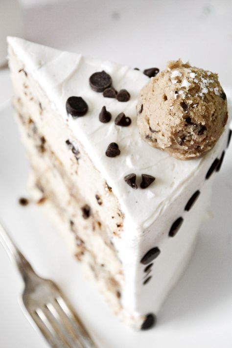 Chocolate Chip Cookie Dough Cake - Curly Girl Kitchen Cookie Dough Cake Filling, High Altitude Chocolate Chip Cookies, Chocolate Chip Cookie Dough Cake, Chocolate Chip Pound Cake, Cookie Dough Filling, Cookie Dough Cake, Cake Filling Recipes, Cake Filling, Chocolate Cookie Dough