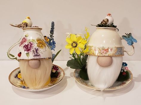 Vintage teacup gnomes in 2022 | Gnomes crafts, Teacup crafts, Clay pot crafts Yea Cup Gnomes, Diy Teacup Crafts Ideas, Gnome Tea Cups, Teacup Gnomes Tutorial, Teacup Gnomes Diy, Teacup Gnomes, Tea Cup Gnomes, Tea Cup Decorations, Crafts Clay