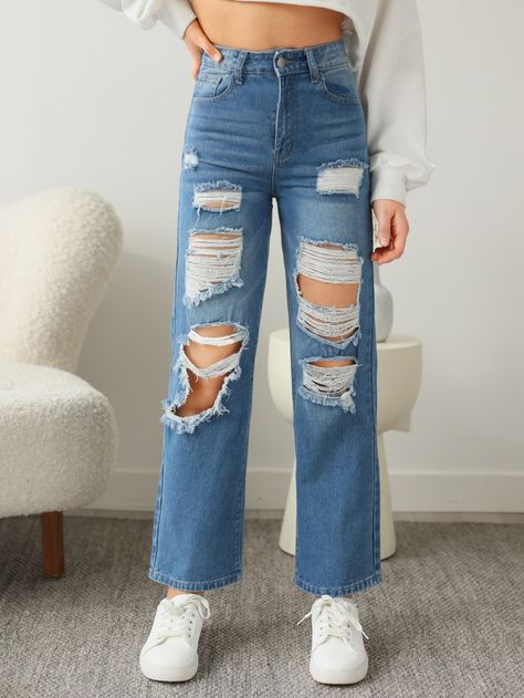 Medium Wash  Collar  Denim Plain Straight Leg Embellished Non-Stretch  Girls Clothing Ripped Straight Leg Jeans, Cute Ripped Jeans, Teen Jeans, Shein Basics, Trendy Jeans, Moda Jeans, Shein Outfits, Cute Pants