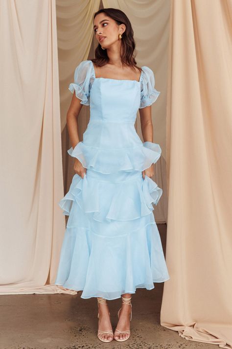 Delwynn Puff Sleeve Layered Midi Dress Blue Organza Tiered Dress, Blue Ruffled Dress, Long Blue Formal Dresses, Tiered Organza Dress, Ruffle Dress With Sleeves, Knee Length Hoco Dress, Hoco Dresses Flowy Long, Romantic Midi Dress, Midi Semi Formal Dress